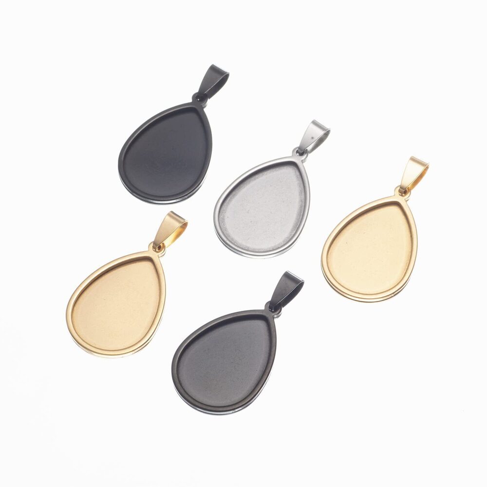 9074 10pcs Stainless Steel 18x25mm Teardrop Bezel Pendant Trays Gold Black